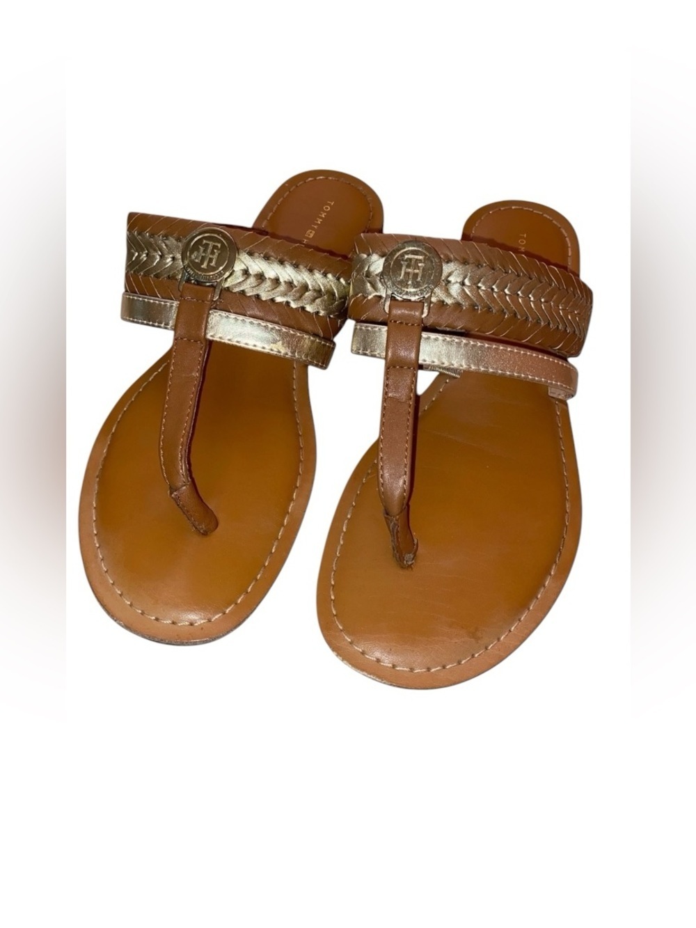 TOMMY HILFIGER T-Strap Toe Thong Sandals in Tan and Gold Size 6.5M